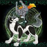  2016 armor black_body black_fur blue_eyes canid canine canis claws duo ear_piercing ear_ring eye_contact female feral fur hair headgear helmet humanoid humanoid_pointy_ears imp karin_kinako link_(wolf_form) looking_at_another male mammal markings midna nintendo orange_hair paws piercing red_eyes smile the_legend_of_zelda twili twilight_princess video_games white_body white_fur wolf 