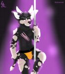  anthro bovid bovine bulge cattle clothing dancing digital_media_(artwork) fur hi_res hooves horn jockstrap looking_at_viewer lubanart male mammal muscular neon pole pole_dancing scar simple_background solo spots spotted_body spotted_fur teasing underwear 