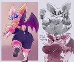  2022 anthro anus big_breasts big_butt breasts butt chiropteran clothed clothing english_text female genitals gloves handwear hi_res huge_breasts kiseff looking_at_viewer mammal pussy rouge_the_bat sega simple_background solo sonic_the_hedgehog_(series) text thick_thighs video_games wide_hips 
