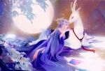  1girl absurdres bell deer dress flower hair_ornament highres leaning_on_animal long_hair looking_at_another moon purple_dress purple_hair qin_shi_ming_yue red_lips upper_body zi_nu_(qin_shi_ming_yue) zi_nu_zhuye_jun 