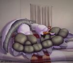  3_toes anthro bed big_feet black_pawpads canid canine curtains duo feet foot_focus fox fur furniture lying machine macro male mammal micro pawpads paws protogen rad-lizer robotic sleeping soles toes white_body white_fur 