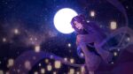  1girl dress expressionless hair_bun highres lantern long_hair long_sleeves looking_back moon needle night night_sky purple_dress purple_hair qin_shi_ming_yue sky solo star_(sky) zi_nu_(qin_shi_ming_yue) zi_nu_zhuye_jun 