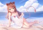  :p ahoge animal_ears areola_slip arm_support bangs bare_shoulders barefoot beach blush bow breasts brown_hair cleavage clothes_lift cloud crossed_bangs dress dress_lift eyebrows_visible_through_hair full_body highres hirotaka0125 indie_virtual_youtuber lion_ears lion_tail long_hair looking_at_viewer lying no_bra no_panties ocean on_side red_ribbon ribbon rurudo_lion sand see-through sky small_breasts strap_slip sundress tail tongue tongue_out virtual_youtuber water wet white_dress yellow_eyes 