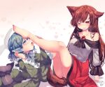  2girls animal_ear_fluff animal_ears ass bare_shoulders barefoot blue_eyes blue_hair blush breasts brooch brown_hair collarbone dress drill_hair eyebrows_visible_through_hair fang feet_out_of_frame fingernails frilled_sleeves frills green_kimono head_fins heart highres imaizumi_kagerou japanese_clothes jewelry kemo_chiharu kimono long_hair long_sleeves medium_breasts mermaid monster_girl multiple_girls nail_polish off-shoulder_dress off_shoulder one_eye_closed open_mouth red_eyes red_nails red_skirt sharp_fingernails short_hair signature sitting skirt tail thighs toenail_polish toenails touhou wakasagihime wide_sleeves wolf_ears wolf_tail yuri 