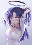  1girl absurdres alian2020 arms_up bangs blue_archive blush breasts cleavage collared_shirt eyebrows_visible_through_hair hair_tie_in_mouth halo highres long_sleeves looking_at_viewer medium_breasts mouth_hold purple_eyes purple_hair shirt simple_background solo taut_clothes taut_shirt tying_hair upper_body yuuka_(blue_archive) 