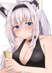  1girl absurdres ahoge animal_ear_fluff animal_ears bangs black_choker black_dress blush braid breasts choker cleavage commentary_request cup dress drinking_glass earrings eyebrows_visible_through_hair fox_ears fox_girl frown green_eyes hair_between_eyes hairband highres holding holding_cup hololive jewelry long_hair looking_at_viewer medium_breasts micon shirakami_fubuki sidelocks simple_background single_braid sleeveless sleeveless_dress solo virtual_youtuber white_background white_hair wine_glass 