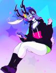  anthro antlers bottomwear clothing hoodie horn hotpants jackalope lagomorph leporid male mammal mothux orion_(jackalope) phone rabbit shorts solo thatorion thick_thighs topwear 