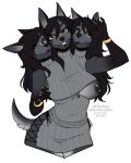  2022 3_heads 5_fingers alpha_channel anthro black_hair black_sclera breasts canid digital_media_(artwork) female fingers grey_body hair hi_res kittydee mammal multi_head nipples orange_eyes simple_background smile solo transparent_background zipper 