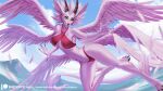  alanscampos anthro bandai_namco breasts claws clothed clothing digimon digimon_(species) dragon feathered_dragon feathered_wings feathers female fur green_eyes hi_res horn magnadramon multi_wing pink_body pink_fur smile solo wings 