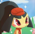  2022 ambiguous_gender anthro artist_name black_body black_hair blush clothed clothing cloud cute_expression digital_media_(artwork) hair hair_mouth headgear headwear mawaifu mawile multicolored_body necktie nintendo outside pok&eacute;mon pok&eacute;mon_(species) pokemon_cafe_mix red_clothing red_eyes red_hair red_headwear red_necktie signature sky smile solo sparkles video_games yellow_body 