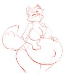  2022 anthro belly big_belly bikini breasts canid canine claws clothing female fox fur hair hands_on_belly hi_res looking_down mammal monochrome navel outie_navel pregnant sketch smile solo swimwear thick_thighs titsunekitsune wide_hips zera_(titsunekitsune) 