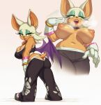  1girl animal_ears animal_nose bare_shoulders bat_ears bat_girl bat_wings boots breasts butt_crack cleavage clothes_lift eyeshadow furry furry_female gloves green_eyes highres looking_at_viewer makeup nipples riz rouge_the_bat short_hair skirt skirt_lift smile solo sonic_(series) tail white_fur white_gloves white_hair wings 