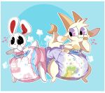  &lt;3 alligator alligatorid ambiguous_gender anthro blush blush_lines butt_bump chikn_nuggit cresent_moon crocodilian diaper diaper_bump dragon duo fwench_fwy_(chikn_nuggit) happy hi_res horn iscream_(chikn_nuggit) jupiters lagomorph leporid mammal number rabbit reptile scalie simple_background white_tail yellow_tail 