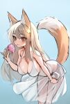  1girl absurdres animal_ear_fluff animal_ears annytf black_panties blush breasts brown_eyes brown_hair cleavage dress eating food fox_ears fox_girl fox_tail highres ice_cream indie_virtual_youtuber long_hair ms_cloud panties see-through side-tie_panties smile solo sundress tail tongue tongue_out underwear virtual_youtuber white_dress 