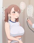  1girl 1other bangs bare_arms bare_shoulders breasts brown_eyes brown_hair commentary_request examination huge_breasts looking_at_another mole_on_arm nekoshoko original shirt sleeveless sleeveless_shirt speech_bubble stethoscope sweat sweatdrop sweating_profusely translation_request twintails undressing upper_body white_shirt 