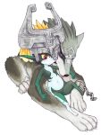  2017 armor blep blue_eyes blush breasts canid canine canis claws duo featureless_breasts featureless_crotch female feral fur headgear helmet humanoid humanoid_pointy_ears imp karin_kinako link_(wolf_form) male mammal markings midna nintendo paws red_eyes simple_background the_legend_of_zelda tongue tongue_out twili twilight_princess video_games white_background wolf 
