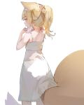  1girl animal_ears bare_arms bare_shoulders blonde_hair commentary_request dress fox_ears fox_girl fox_tail from_behind grey_eyes hands_up highres original ponytail profile simple_background sleeveless sleeveless_dress solo standing tail tota_(sizukurubiks) tying_hair white_background white_dress 