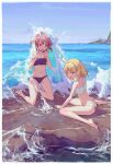  2girls absurdres ahoge bangs barefoot bikini bingwei_huang blonde_hair blue_eyes blue_sky border breasts commentary english_commentary engrish_commentary eyebrows_visible_through_hair feet full_body hands_up highres hikimayu kneeling medium_hair mixed-language_commentary multiple_girls navel ocean one_eye_closed original outdoors purple_bikini red_eyes red_hair signature sitting sky small_breasts swimsuit wariza water white_bikini white_border 