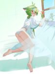  1girl absurdres animal_ears antenna_hair bad_hands bangs bare_legs barefoot blush cat_ears commentary curtains eyewear_removed feet from_behind genshin_impact green_hair hair_over_shoulder highres jingzizaz kneeling long_hair morning multicolored_hair on_bed open_mouth oversized_clothes oversized_shirt panties plant ponytail shirt short_sleeves soles solo streaked_hair sucrose_(genshin_impact) underwear window yellow_eyes 