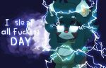  anthro breasts clothing cute_fangs ear_piercing ear_ring english_text female glowing glowing_eyes green_clothing green_hoodie green_topwear hoodie lightning low_tier_god luxray nintendo piercing pok&eacute;mon pok&eacute;mon_(species) red_nose simple_background smile solo text topwear video_games waffl3sk4t 