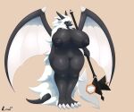  anthro areola big_breasts black_areola black_nipples breasts claws dragon female fur genitals hair hi_res holding_object holding_weapon horn huge_breasts kinix melee_weapon nipples nude pussy simple_background solo weapon wings 