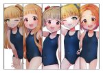  5girls bangs blonde_hair blunt_bangs breasts brown_eyes child dodotsuki green_eyes highres ichihara_nina idolmaster idolmaster_cinderella_girls idolmaster_cinderella_girls_u149 jougasaki_rika light_brown_hair long_hair mary_cochran multiple_girls navel one-piece_swimsuit open_mouth orange_hair ryuzaki_kaoru short_hair small_breasts swimsuit twintails white_background yellow_eyes yokoyama_chika 