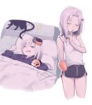  2girls absurdres alarm_clock bangs blush breasts brushing_teeth clock daisi_gi detached_sleeves fate/grand_order fate_(series) halloween highres horns lavinia_whateley_(fate) long_hair long_sleeves multiple_girls purple_eyes short_shorts shorts single_horn sleeping sleepy small_breasts stuffed_toy white_hair wide-eyed 