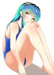  1girl barefoot blue_hair blue_swimsuit blush commentary_request competition_swimsuit full_body gradient gradient_background green_hair highres long_hair looking_back lum nanao_futaba one-piece_swimsuit open_mouth pointy_ears simple_background sitting solo swimsuit teeth urusei_yatsura white_background yellow_eyes 