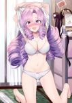  1girl :d arms_up bangs bare_legs barefoot blush bottle bow bow_panties bra breasts cleavage commentary_request drawer drill_hair hairband_removed highres hyakumantenbara_salome indoors kneeling large_breasts long_hair looking_at_viewer navel nijisanji panties purple_eyes purple_hair rei_(rei&#039;s_room) smile solo stomach underwear underwear_only undressing virtual_youtuber white_bra white_panties 