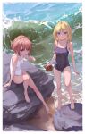  2girls :d absurdres armpits bangs beach bingwei_huang blonde_hair blue_eyes breasts brown_hair chinese_commentary commentary english_commentary engrish_commentary eyebrows_visible_through_hair feet food full_body highres legs looking_at_viewer mixed-language_commentary multiple_girls ocean one-piece_swimsuit open_mouth original outdoors popsicle red_eyes short_hair signature sitting small_breasts smile standing swimsuit thighs toes 
