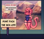  acta angry anthro aquarium blush breasts cephalopod clothed clothing coleoid decapodiform detailed_background dialogue female hi_res marine mollusk partially_clothed pink_body solo spacewaifu speech_bubble vivarium 