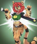  absurd_res anthro black_nose bottomwear breasts clothing felid female fur green_background green_eyes hair hi_res holding_bat mammal pantherine red_hair shirt shorts simple_background smile solo tan_body tan_fur tiger topwear waffl3sk4t 