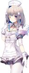  1girl absurdres amane_kanata angel angel_wings bandages blue_hair blush braid breasts cowboy_shot dress eyebrows_behind_hair frilled_dress frills gloves hair_ornament hat highres hololive id_card jun_(aousa0328) looking_at_viewer multicolored_hair nurse_cap one_eye_closed pantyhose purple_eyes short_sleeves sidelocks small_breasts smile solo streaked_hair v virtual_youtuber white_gloves white_hair white_legwear wings x_hair_ornament 