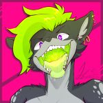  anthro black_body black_fur bodily_fluids dripping female fur green_hair green_insides grey_body grey_fur hair hyaenid intersex mammal mouth_shot nude open_mouth purple_eyes saliva saliva_drip saliva_on_tongue saliva_string solo 