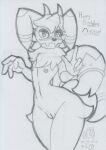  2022 2_tails anthro blush bodily_fluids breasts crown female flat_chested genital_fluids genitals gesture graphite_(artwork) looking_at_viewer lunaris_parukia mask meowstic multi_tail navel nintendo nipples nude pok&eacute;mon pok&eacute;mon_(species) pok&eacute;morph pussy pussy_juice solo traditional_media_(artwork) video_games 