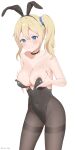  1girl absurdres alternate_costume animal_ears areola_slip bangs black_choker black_legwear black_leotard blonde_hair blue_eyes breast_hold breasts choker cleavage coro_fae covered_navel covered_nipples hayasaka_ai highres kaguya-sama_wa_kokurasetai_~tensai-tachi_no_renai_zunousen~ large_breasts leotard long_hair pantyhose playboy_bunny rabbit_ears scrunchie side_ponytail solo thighband_pantyhose 