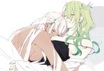  2girls antlers bangs blanket blush branch breast_pillow breasts casual ceres_fauna closed_eyes collarbone commentary_request dark-skinned_female dark_skin gradient_hair green_hair green_nails hair_between_eyes hair_down hand_on_another&#039;s_head hololive hololive_english korean_commentary leaf light_green_hair long_hair multicolored_hair multiple_girls parted_lips sideboob since2019 sleeping tsukumo_sana upper_body virtual_youtuber white_background white_hair yuri 