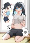  1girl :o ^^^ bare_arms bare_shoulders barefoot belly_grab black_hair black_shorts blue_camisole blue_eyes blue_hair blush breasts camisole closed_mouth clothes_lift commentary_request curtains day grey_shirt heart highres indoors kurata_rine lifted_by_self long_hair medium_breasts multicolored_hair navel on_floor open_mouth original ponytail shirt shirt_lift short_shorts short_sleeves shorts sitting smile sparkle sunlight sweat tatami translation_request two-tone_hair wariza weight_conscious window 