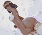  1girl armlet ass bare_shoulders bra bright_pupils cowboy_shot dark-skinned_female dark_skin dutch_angle egyptian from_behind highres kumanz lingerie lips looking_at_viewer medium_hair menat parted_lips petals purple_nails signature solo street_fighter street_fighter_v thighhighs underwear white_background white_bra white_pupils 