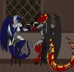  anthro armor dragon duo galaxy_(dragon) hybrid icewing_(wof) lera_(leraptopes) leraptopes male male/male mug nightwing_(wof) scalie tavern western_dragon wings_of_fire wood_stool 