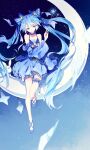  1girl 1other animal bare_shoulders bass_clef beamed_eighth_notes blue_dress blue_eyes blue_footwear blue_hair blue_ribbon commentary constellation_print crescent_moon dress eighth_note frilled_dress frilled_legwear frills full_body grin hair_ornament hand_up hatsune_miku highres holding holding_wand long_hair looking_down moon musical_note musical_note_print neck_ribbon night night_sky rabbit rabbit_yukine ribbon shuzi sky smile snowflake_hair_ornament snowflakes spaghetti_strap staff_(music) star_(sky) star_(symbol) star_hair_ornament star_print striped striped_ribbon thigh_strap treble_clef twintails very_long_hair vocaloid wand yuki_miku yuki_miku_(2017) 