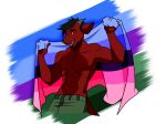 anthro black_hair bottomwear cargo_shorts clothing dragon green_bottomwear green_clothing green_shorts grey_horn hair hi_res horn hybrid intersex lgbt_pride looking_at_viewer maleherm maleherm_(lore) omnisexual_pride_colors pride_color_background pride_color_flag pride_colors red_body red_eyes red_scales salmacian_pride_colors scales scalie shirtless shirtless_anthro shirtless_male shorts simple_background solo xetem_ilekex 
