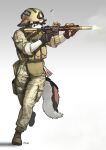  absurd_res anthro armor bottomwear canid canine canis clothing domestic_dog firing_weapon floppy_ears fur gloves gradient_background gun handwear headgear helmet hi_res male mammal military_uniform pants pgm300 plantigrade ranged_weapon signature simple_background solo uniform weapon 