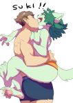  2017 5_fingers 5_toes anthro barefoot biped boxer_briefs breasts brown_hair carrying claws clothed clothing digital_media_(artwork) domestic_cat duo eyes_closed feet felid feline felis female finger_claws fingers fur green_body green_fur green_hair hair human kemono light_body light_fur male mammal medium_breasts medium_hair monotone_body monotone_fur monotone_hair monotone_skin open_mouth open_smile pawpads pink_pawpads short_hair simple_background smile tan_body tan_skin teeth teteteko toe_claws toes topless topless_anthro topless_female topless_human topless_male underwear white_background 