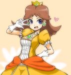  1girl bangs blue_eyes breasts brown_hair collarbone commentary_request crown dress earrings eyelashes flower_earrings gem gloves gunmania002 hand_on_hip heart highres jewelry long_dress mario_(series) medium_hair orange_dress parted_bangs princess princess_daisy puffy_short_sleeves puffy_sleeves short_sleeves smile solo super_smash_bros. upper_body white_gloves 