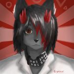  absurd_res anthro black_hair broken_horn brown_eyes canid canine canis clothed clothing collar crybitur fur grey_body grey_fur hair hi_res horn hybrid looking_at_viewer male mammal mouth_closed red_hair red_horn solo suwyzid wolf 