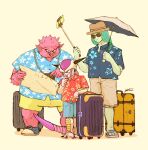  3boys barefoot casual cellphone dodoria dragon_ball dragon_ball_z frieza green_hair horns leaning_on_object long_hair luggage map multiple_boys phone pointing red_eyes selfie_stick side_ponytail smartphone smile sunglasses sutaneko tail umbrella zarbon 