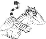  4_fingers anthro breasts claws crotch_tuft dreamworks female fingers guoh kung_fu_panda lying master_tigress monochrome muscular muscular_female naturally_censored nipples nude on_side simple_background sketch solo stripes tuft white_background 