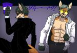  anthro beard belt black_suit bottomwear canid canine clothed clothing duo facial_hair father father_and_child father_and_son fox fully_clothed fur gloves_(marking) glowing glowing_eyes goatee green_body green_eyes green_fur green_hair grey_beard grey_hair hair jacket jojo_pose koto_fuyumono kuro_fuyumono lips male mammal markings multicolored_body multicolored_fur nipples orange_body orange_fur pants parent parent_and_child pink_nipples pose purple_background scar short_hair simple_background son suit superhero tan_body tan_fur topwear usuario2_(artist) very_short_hair viewer winter_coat yellow_eyes 