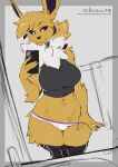  2022 absurd_res anthro big_breasts breasts clothed clothing clothing_pull eeveelution female fur hi_res jolteon multicolored_body multicolored_fur nintendo panties panty_pull pok&eacute;mon pok&eacute;mon_(species) pok&eacute;morph solo the_dogsmith underwear underwear_pull video_games white_body white_fur yellow_body yellow_fur 
